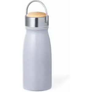A drink bottle in light grey with a wooden lid and a stainless steel handle. Features a simple design.