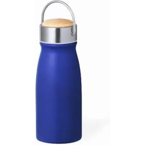 A drink bottle in a deep blue colour with a wooden lid and a stainless steel band. It features a logo.