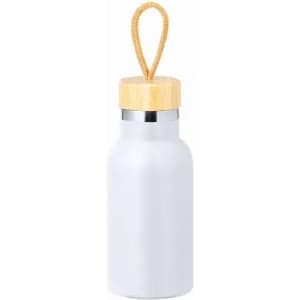 A drink bottle in matte white with a bamboo lid and a rope handle. It has a sleek and modern design.