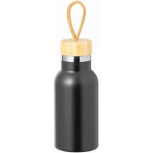 A drink bottle in matte black with a bamboo lid and a rope loop for carrying.