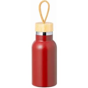 A drink bottle in a deep red finish with a bamboo lid and a rope loop for easy carrying.