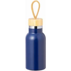 A drink bottle in navy blue with a bamboo lid and a rope handle. It features a sleek, modern design.