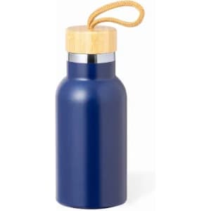 A drink bottle in navy blue with a wooden lid and a strap for easy carrying. It features a simple, modern design.