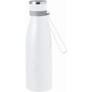 A drink bottle in white with a stainless steel cap and a grey strap. Includes a branding logo.