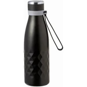 A drink bottle in black with a geometric design, featuring a metallic cap and a carrying strap.