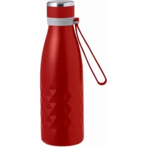A drink bottle in red with a textured diamond pattern and a silver cap, featuring a carry loop.