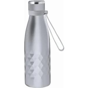 A drink bottle in silver with a textured diamond pattern and a carrying loop. Features a sleek metallic finish.