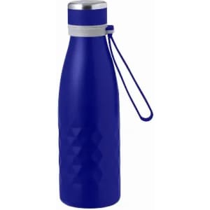 A drink bottle in a vibrant blue colour with a textured surface and a silver metallic lid, featuring a loop for easy carrying.