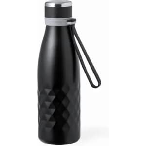 A drink bottle in a sleek black finish with a textured diamond pattern and a detachable strap. It features a silver lid.