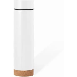 A drink bottle in white with a cork base and a sleek design, featuring a logo on the surface.