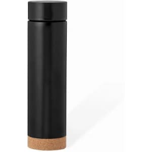 A drink bottle in sleek black with a cork base and a simple, modern design, featuring a logo.