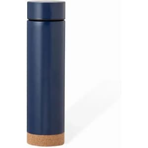 A drink bottle in navy blue with a cork base and a sleek cylindrical design. It features a logo.