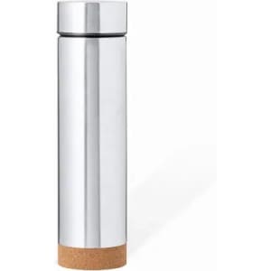 A drink bottle with a shiny stainless steel body and a cork base, featuring a sleek design and a logo.