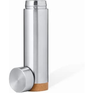 A drink bottle in silver stainless steel with a cork base and a screw-on lid. It features a sleek cylindrical design.