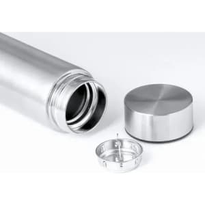 A stainless steel drink bottle with a removable cap and lid, featuring a sleek, metallic finish.