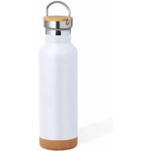 A drink bottle with a white body, cork base, and metal lid featuring a handle. It has a sleek, modern design.