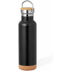 A drink bottle in matte black with a stainless steel cap and a cork base, featuring a metal loop for carrying.