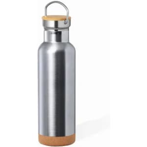 A drink bottle with a sleek silver stainless steel body and a cork base, featuring a metal cap with a handle.