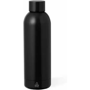 A drink bottle made of stainless steel in a sleek black finish, featuring a simple, cylindrical design and cap.