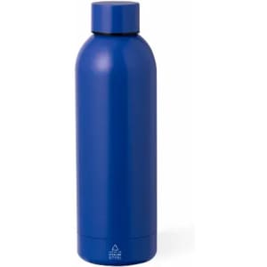 A drink bottle in a vibrant blue colour with a sleek, stainless steel design and a rounded cap.
