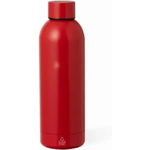 A drink bottle in a vibrant red finish with a sleek, modern design and a matching cap. Features a logo.