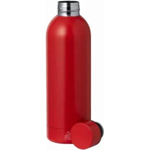A red drink bottle with a rounded shape and a silver cap, featuring a logo on its surface.