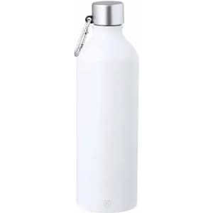 A drink bottle in white with a silver cap and carabiner, featuring a sleek design and branding.