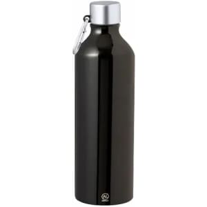 A drink bottle in black with a silver cap and a carabiner attached. It has a sleek, polished finish.
