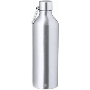 A drink bottle in shiny silver metal with a secure screw cap and a carabiner attachment.