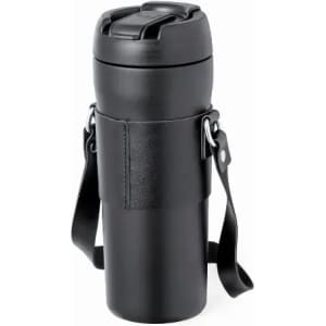 A drink bottle in sleek black with a detachable strap and secure lid for easy transport.