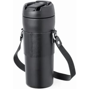 A drink bottle in sleek black with a handle and lid features a leather-like strap and a branding logo.