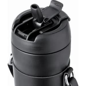A drink bottle in black with a flip-top lid and built-in straw, featuring a carrying strap.