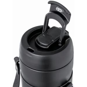 A drink bottle in matte black with a flip-top lid and a carrying strap. It features a sleek, modern design.
