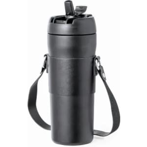 A drink bottle in black with a detachable strap and a flip-top lid. Features a logo on the side.