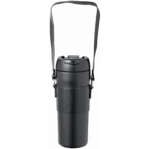 A drink bottle in black, featuring a secure lid and a strap for easy carrying, with a branding logo visible.