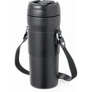 A drink bottle in matte black with a strap and a secure lid, featuring a logo on the side.