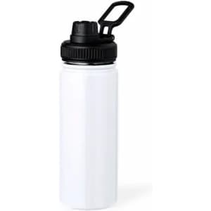A drink bottle in white with a black cap and spout, featuring a handle for easy carrying.