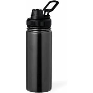 A drink bottle in sleek black with a twist cap and a carrying handle. Features a branding logo.