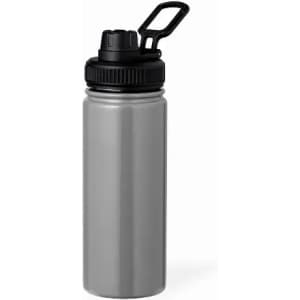 A drink bottle in a sleek silver finish with a black lid and a black clip. It features a logo on the side.