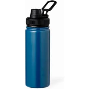 A drink bottle in a deep blue colour with a black lid and a flip-top spout, featuring a logo on the side.