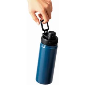 A drink bottle in a deep blue colour, featuring a black lid and a clip for easy attachment.