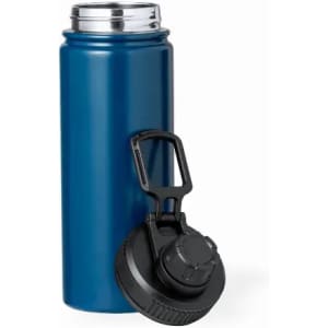 A drink bottle in a deep blue colour with a black lid and a carrying handle, featuring a branding logo.