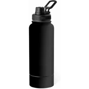 A drink bottle in matte black with a black cap and a handle for easy carrying. It has a logo on the side.