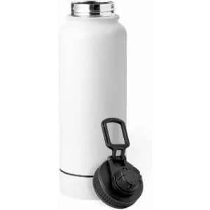 A drink bottle in white with a black lid and a handle for easy carrying. It features a sleek design.