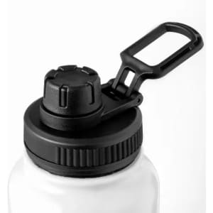 A drink bottle with a black screw-top lid and a clip for easy carrying. The bottle has a transparent body.