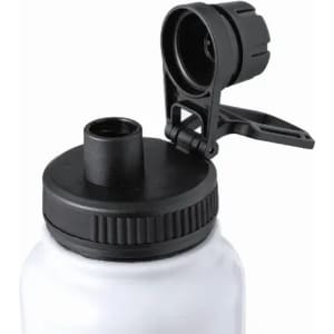 A drink bottle with a clear body and black screw-on lid featuring a flip-top cap.