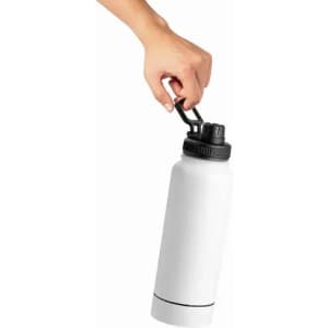 A drink bottle in white with a black lid, held by a hand. It features a clip for easy carrying.