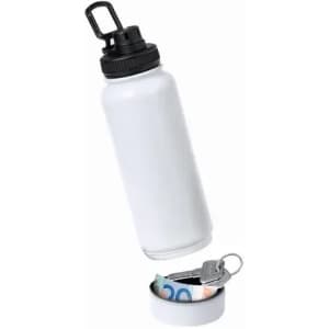 A white drink bottle with a black lid, featuring a hidden compartment and a locking mechanism.