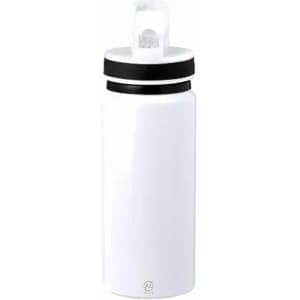 A drink bottle in white with a black lid and a logo on the side.