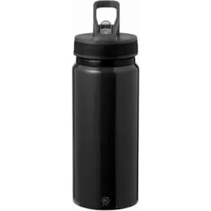 A drink bottle in sleek black with a screw-on lid and carry handle, featuring a logo on the base.